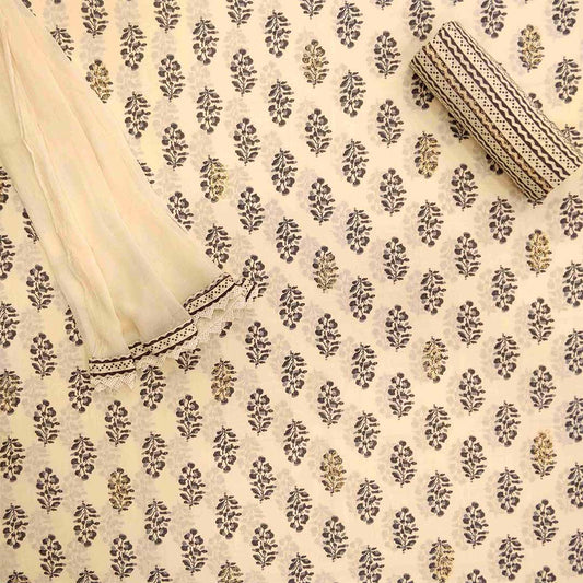 Batik Cream Cotton Unstitched Jaipuri Suit Set With Chiffon Dupatta