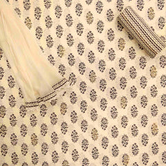 Batik Cream Cotton Unstitched Jaipuri Suit Set With Chiffon Dupatta