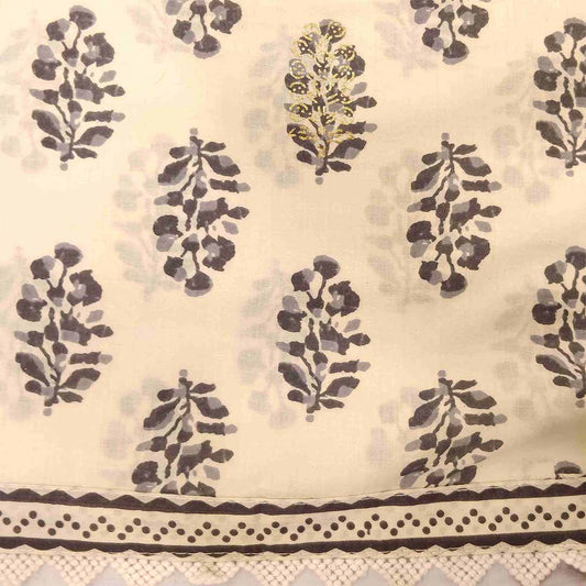 Batik Cream Cotton Unstitched Jaipuri Suit Set With Chiffon Dupatta