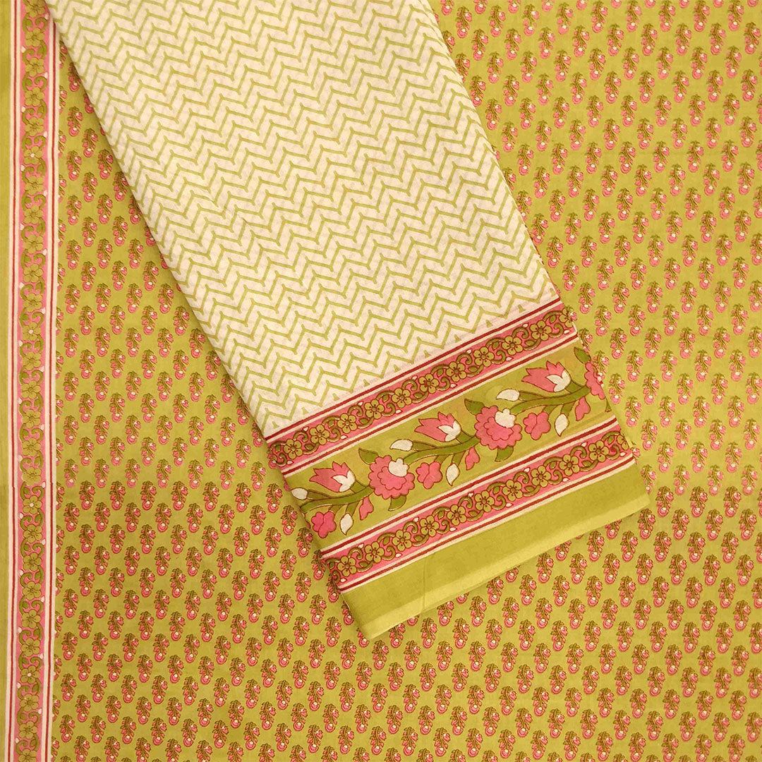 Bellflower Sepia Cambric Cotton Unstitched Jaipuri Suit Set With Malmal Dupatta