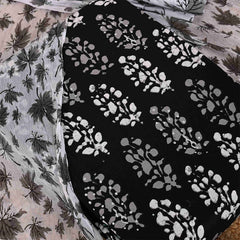 Black Batik Cotton Unstitched Jaipuri Suit Set With Chiffon Dupatta