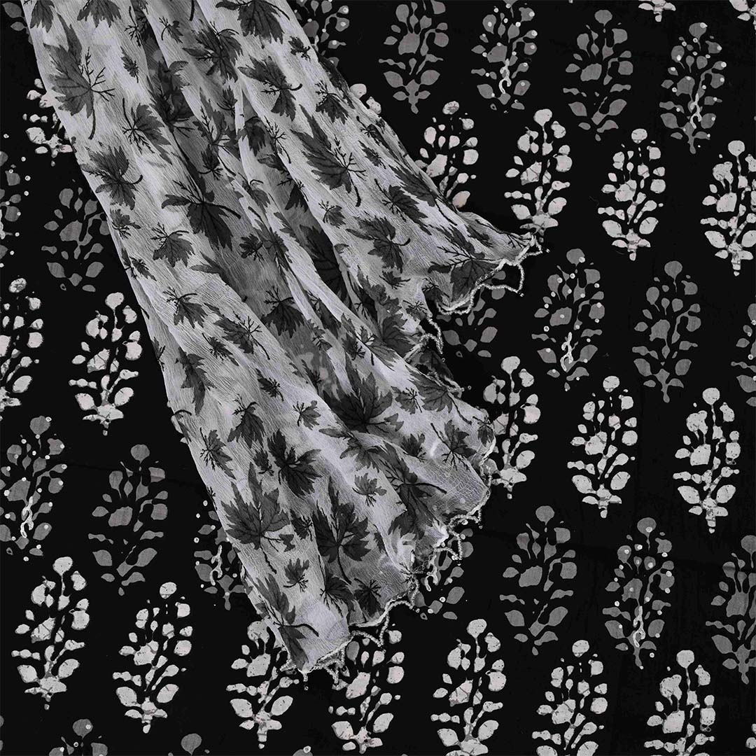 Black Batik Cotton Unstitched Jaipuri Suit Set With Chiffon Dupatta