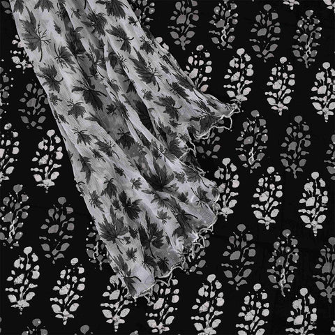 Black Batik Cotton Unstitched Jaipuri Suit Set With Chiffon Dupatta