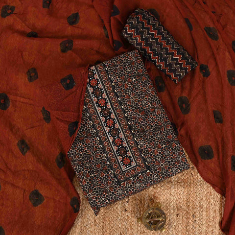 Black & Brown Ajrakh Cotton Unstitched Suit Set With Chiffon Dupatta