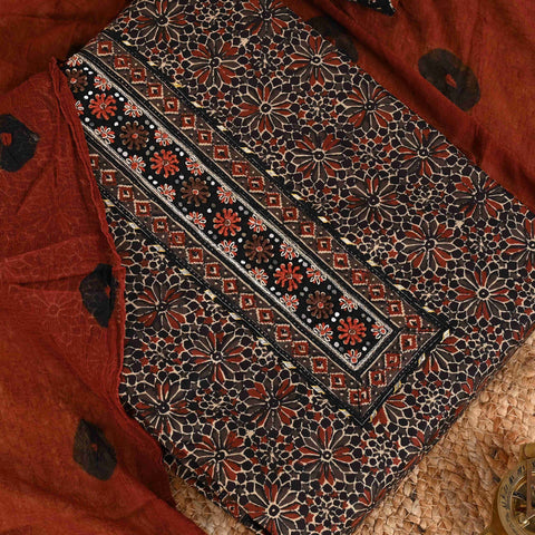 Black & Brown Ajrakh Cotton Unstitched Suit Set With Chiffon Dupatta