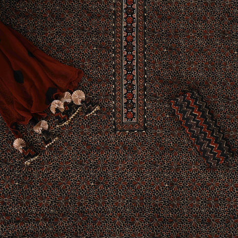 Black & Brown Ajrakh Cotton Unstitched Suit Set With Chiffon Dupatta