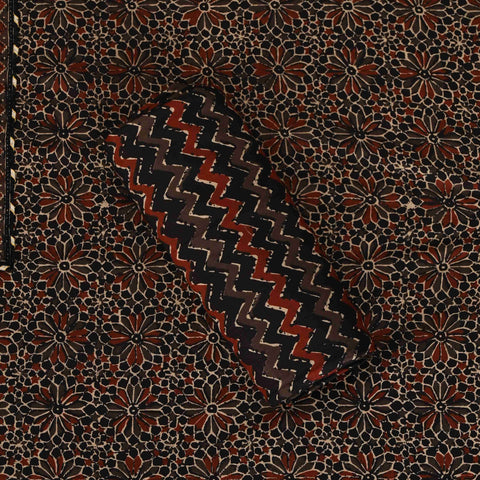 Black & Brown Ajrakh Cotton Unstitched Suit Set With Chiffon Dupatta