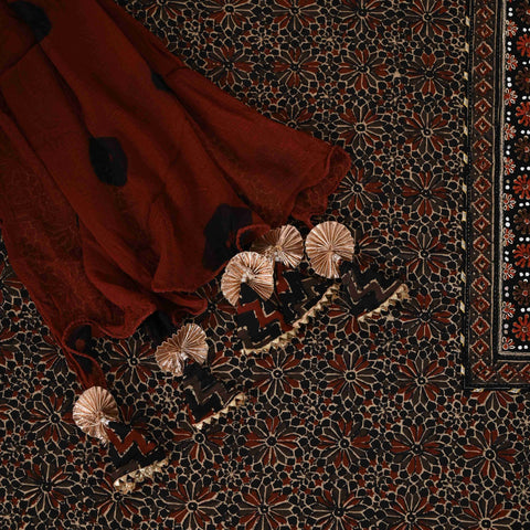 Black & Brown Ajrakh Cotton Unstitched Suit Set With Chiffon Dupatta