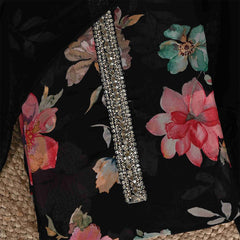 Black Floral Romantic Unstitched Organza Jaipuri Suit Set With Chiffon Dupatta