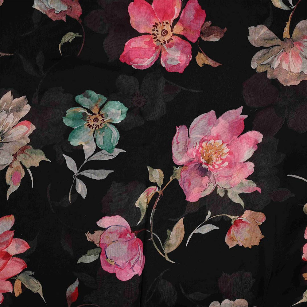 Black Floral Romantic Unstitched Organza Jaipuri Suit Set With Chiffon Dupatta