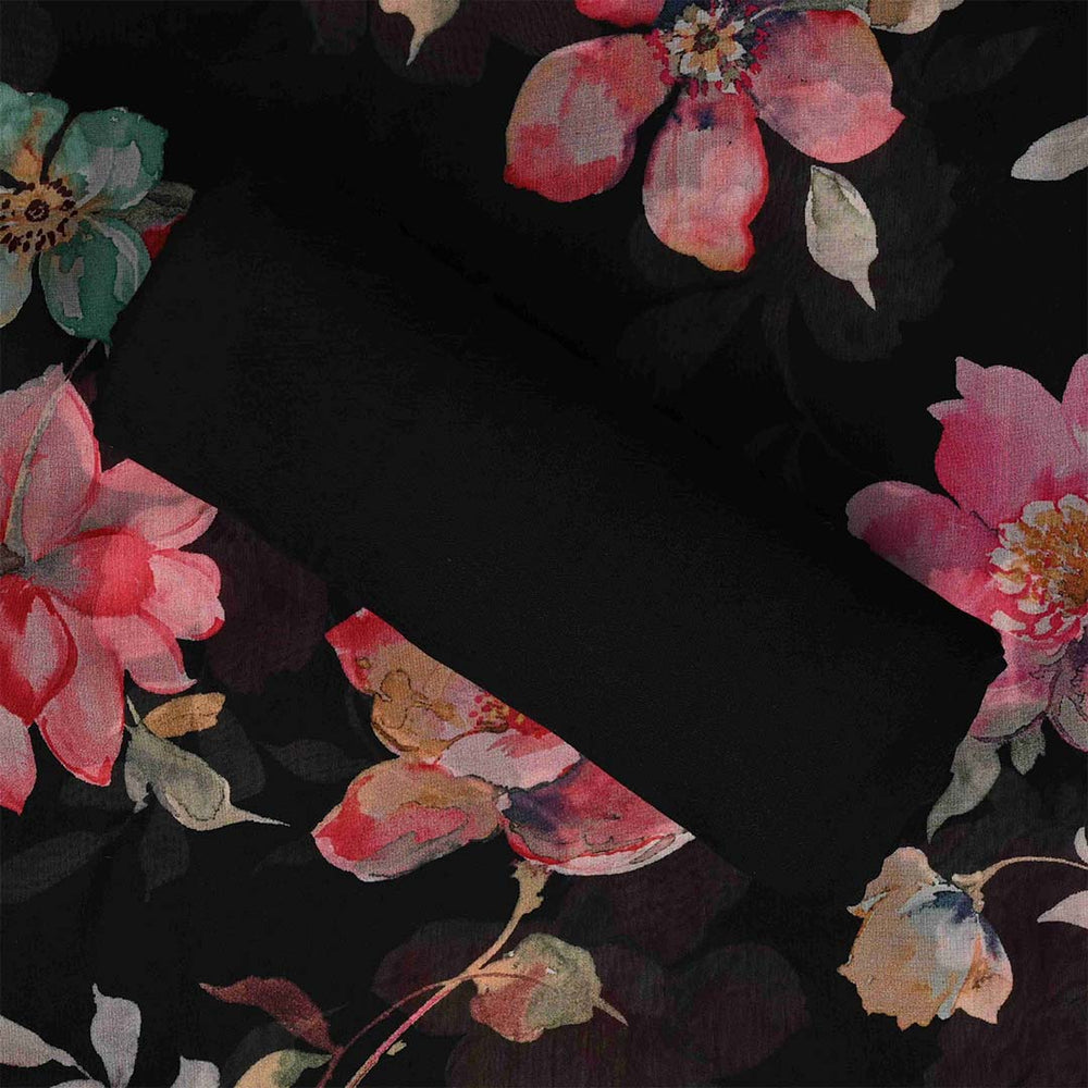 Black Floral Romantic Unstitched Organza Jaipuri Suit Set With Chiffon Dupatta