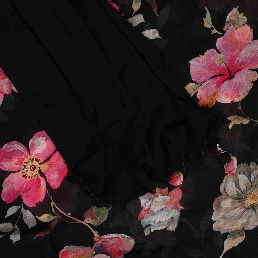 Black Floral Romantic Unstitched Organza Jaipuri Suit Set With Chiffon Dupatta