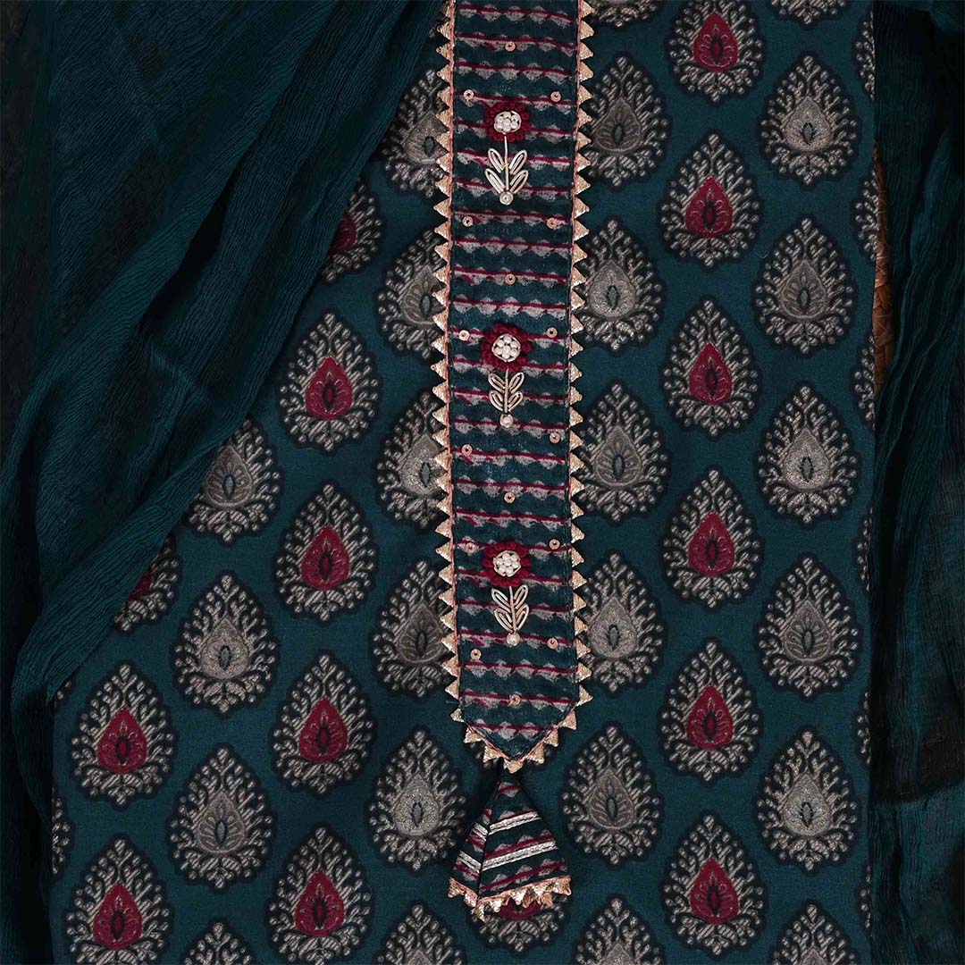 Blue Hand Block Print Cotton Unstitched Jaipuri Suit Set With Chiffon Dupatta
