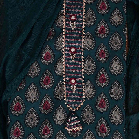 Blue Hand Block Print Cotton Unstitched Jaipuri Suit Set With Chiffon Dupatta