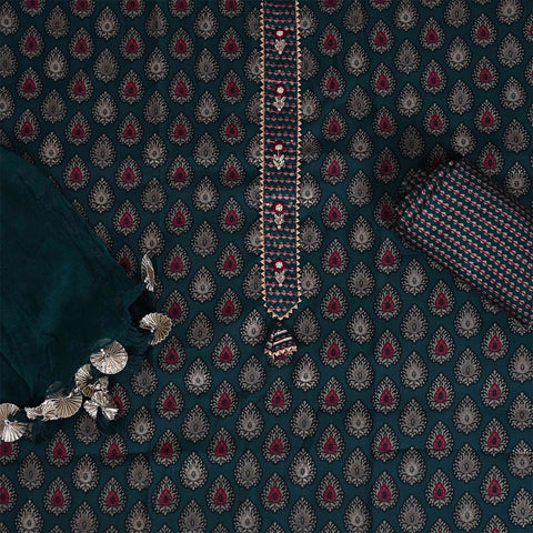 Blue Hand Block Print Cotton Unstitched Jaipuri Suit Set With Chiffon Dupatta