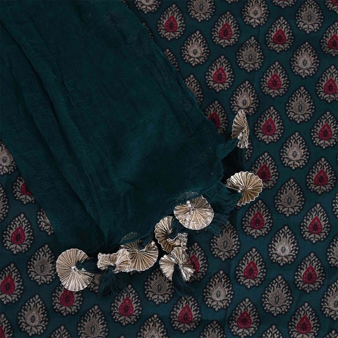 Blue Hand Block Print Cotton Unstitched Jaipuri Suit Set With Chiffon Dupatta