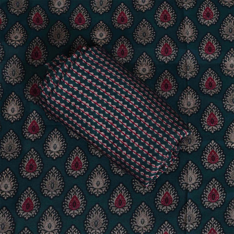 Blue Hand Block Print Cotton Unstitched Jaipuri Suit Set With Chiffon Dupatta