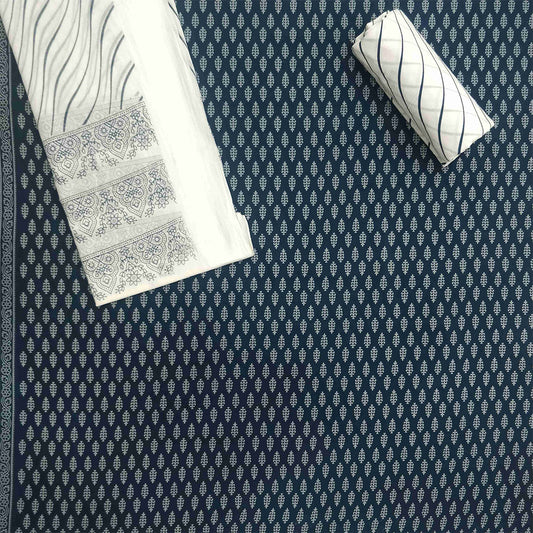 Blue Fount Cotton Unstitched Jaipuri Suit Set With Malmal Dupatta