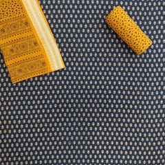 Blue Yellow Heart Cotton Unstitched Jaipuri Suit Set With Malmal Dupatta