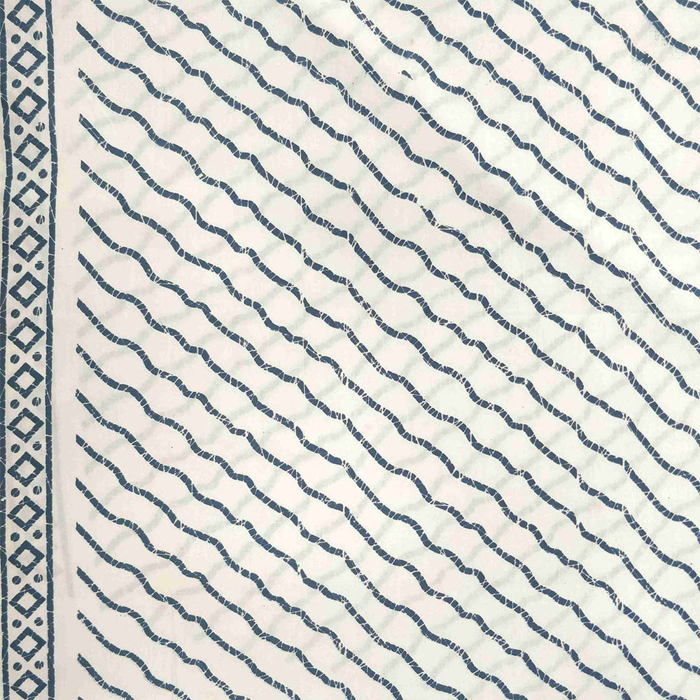 Blue and White Leheriya Cotton Unstitched Jaipuri Suit Set With Malmal Dupatta