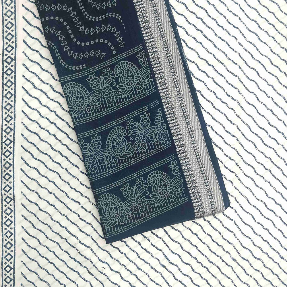 Blue and White Leheriya Cotton Unstitched Jaipuri Suit Set With Malmal Dupatta