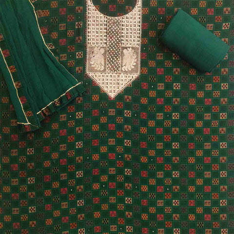 Bottle Green Muslin Unstitched Jaipuri Suit Set With Chiffon Dupatta