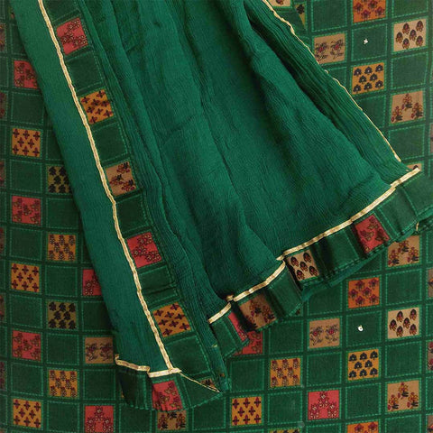 Bottle Green Muslin Unstitched Jaipuri Suit Set With Chiffon Dupatta
