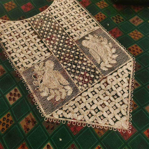 Bottle Green Muslin Unstitched Jaipuri Suit Set With Chiffon Dupatta