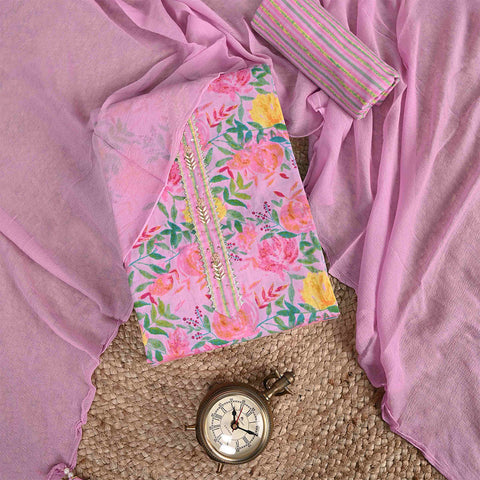 Bubblegum Pink Flower Unstitched Cotton Rajasthani Suit Set With Chiffon Dupatta