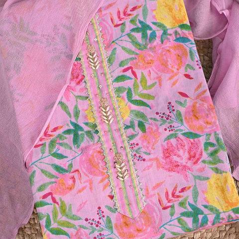 Bubblegum Pink Flower Unstitched Cotton Rajasthani Suit Set With Chiffon Dupatta