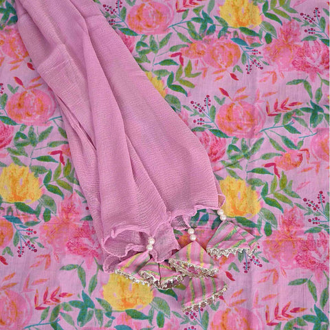 Bubblegum Pink Flower Unstitched Cotton Rajasthani Suit Set With Chiffon Dupatta