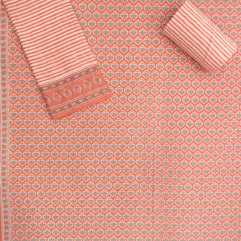 Buttercup Peach Cotton Unstitched Rajasthani Suit Set With Malmal Dupatta