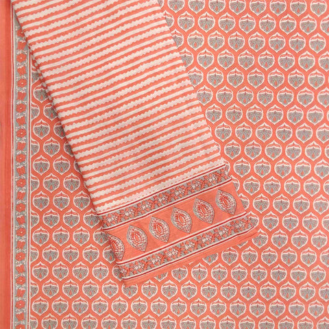 Buttercup Peach Cotton Unstitched Rajasthani Suit Set With Malmal Dupatta