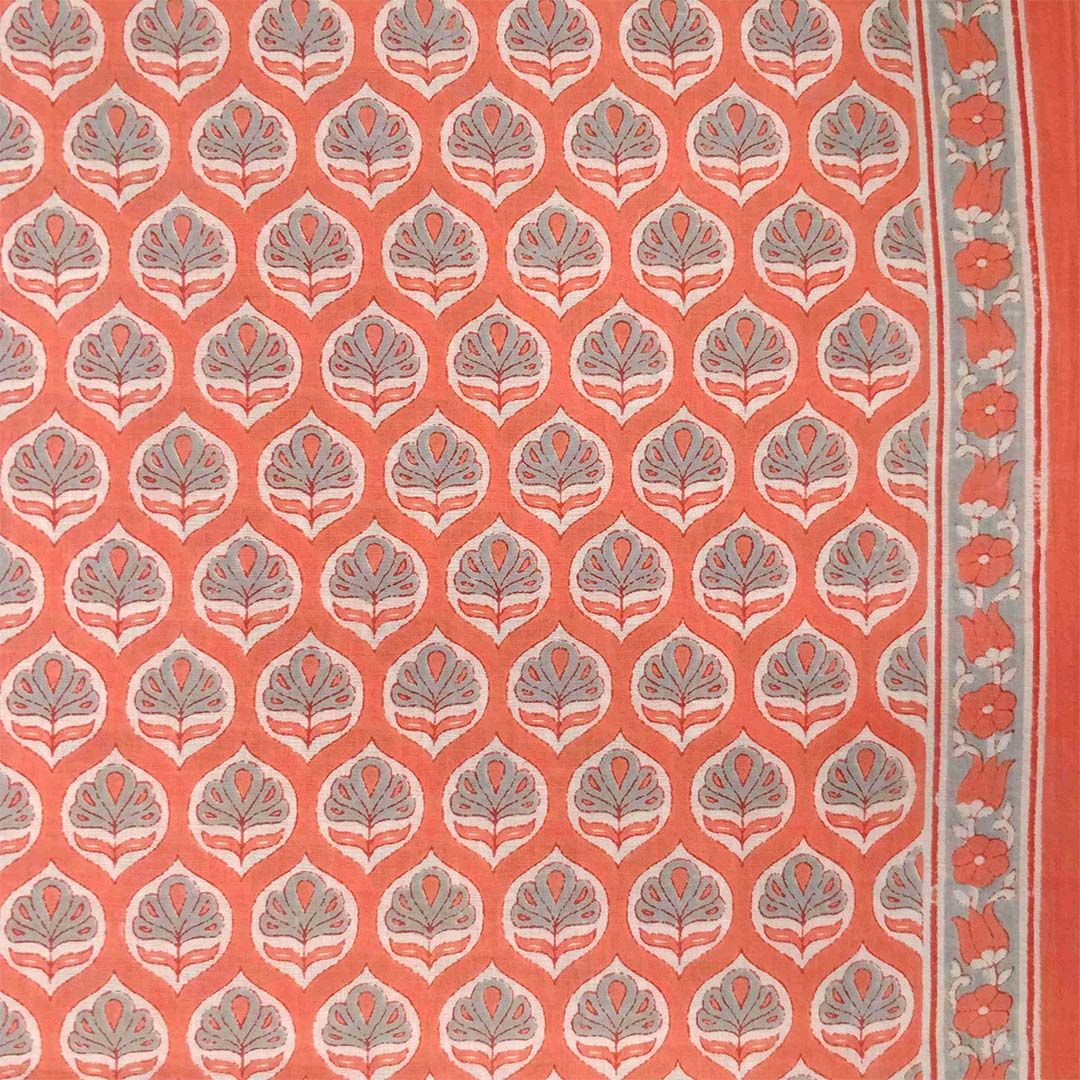 Buttercup Peach Cotton Unstitched Rajasthani Suit Set With Malmal Dupatta