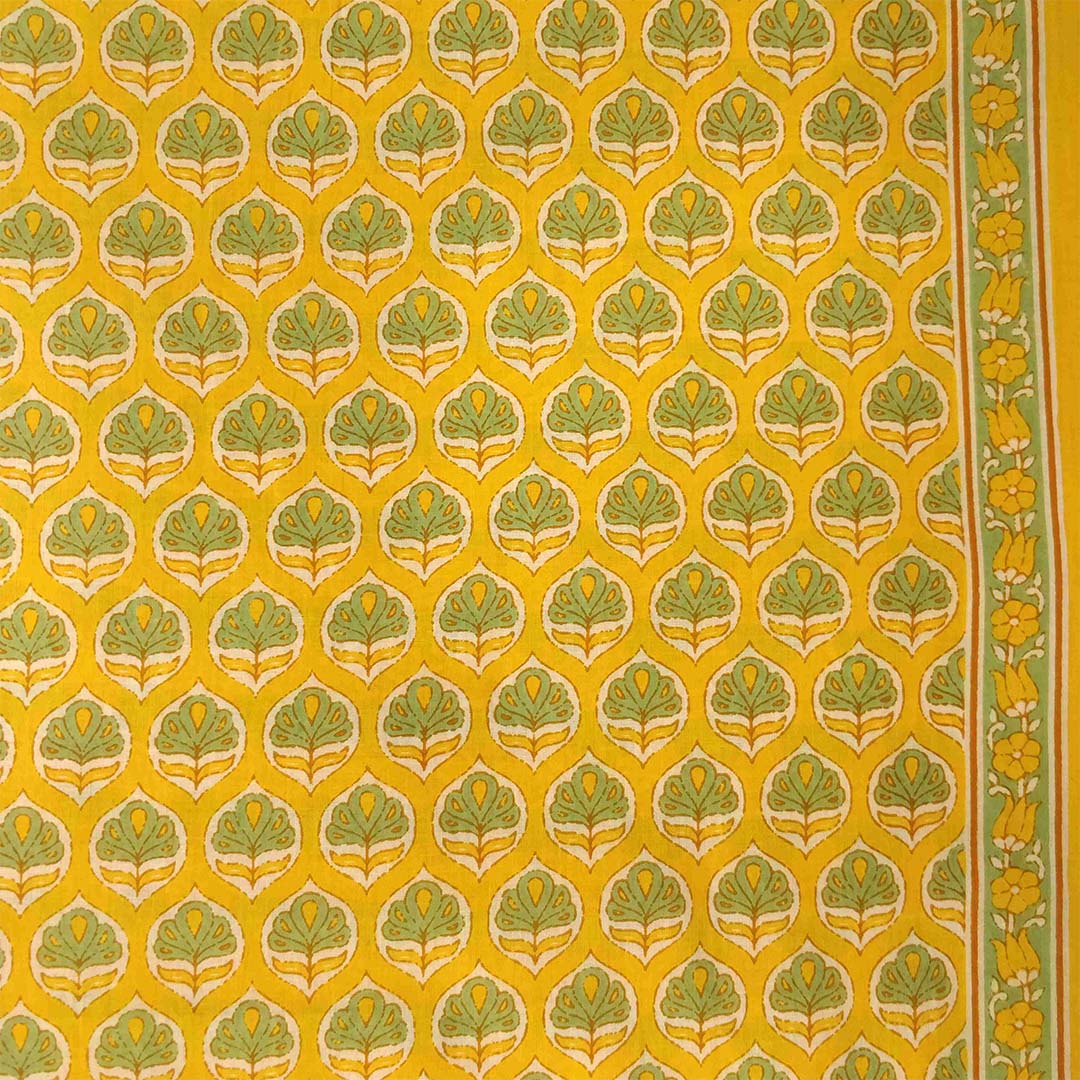 Buttercup Yellow Cotton Unstitched Rajasthani Suit Set With Malmal Dupatta