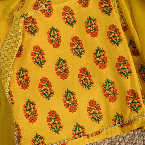Caramel Gold Cotton Unstitched Jaipuri Suit Set With Chiffon Dupatta