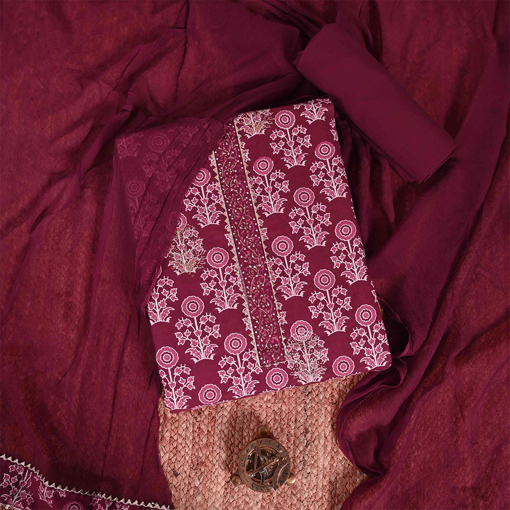 Carmine Red Cotton Unstitched Jaipuri Suit Set With Chiffon Dupatta