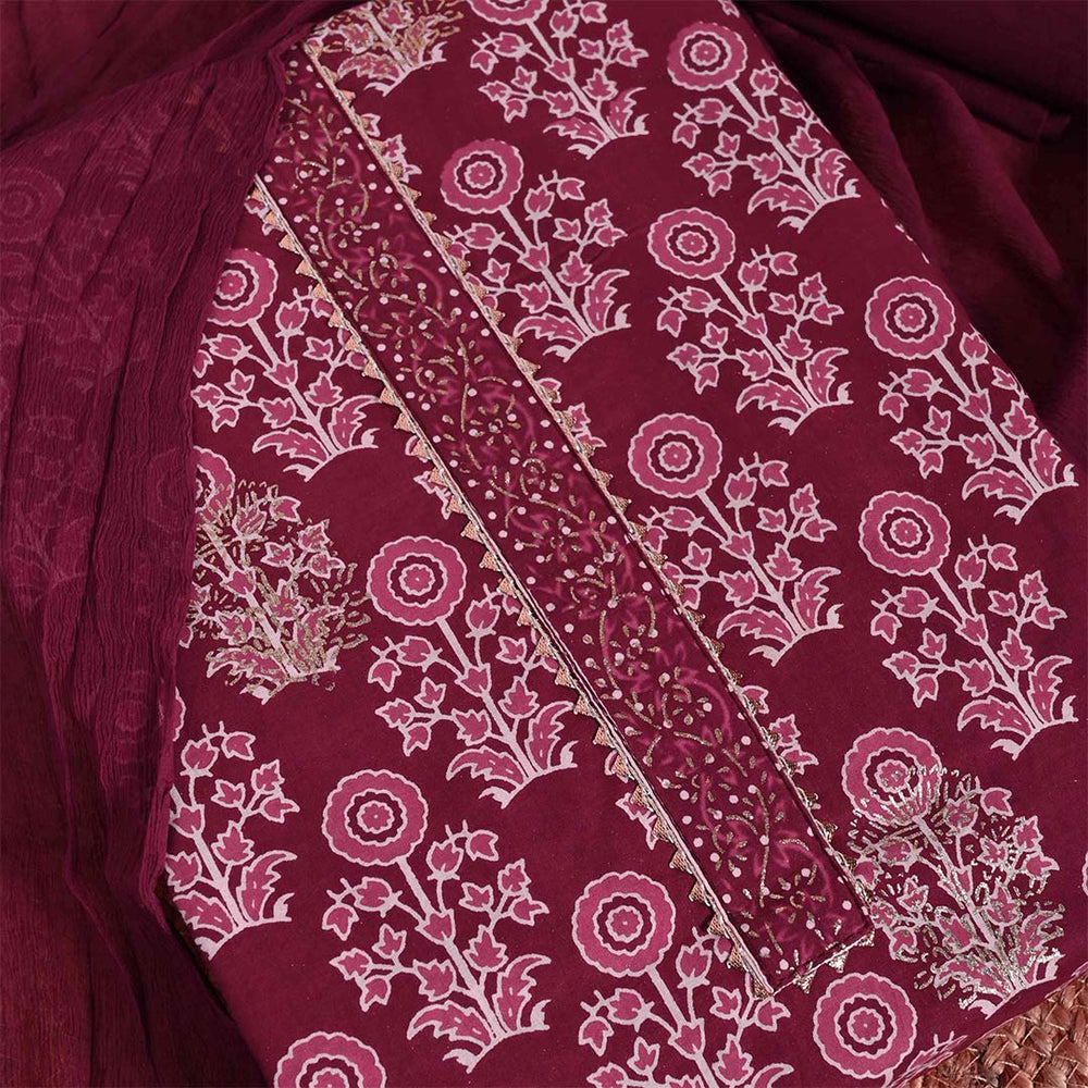Carmine Red Cotton Unstitched Jaipuri Suit Set With Chiffon Dupatta