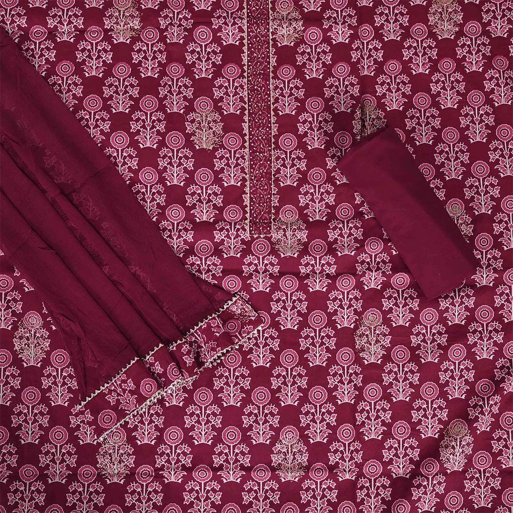 Carmine Red Cotton Unstitched Jaipuri Suit Set With Chiffon Dupatta