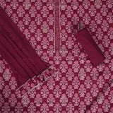 Carmine Red Cotton Unstitched Jaipuri Suit Set With Chiffon Dupatta