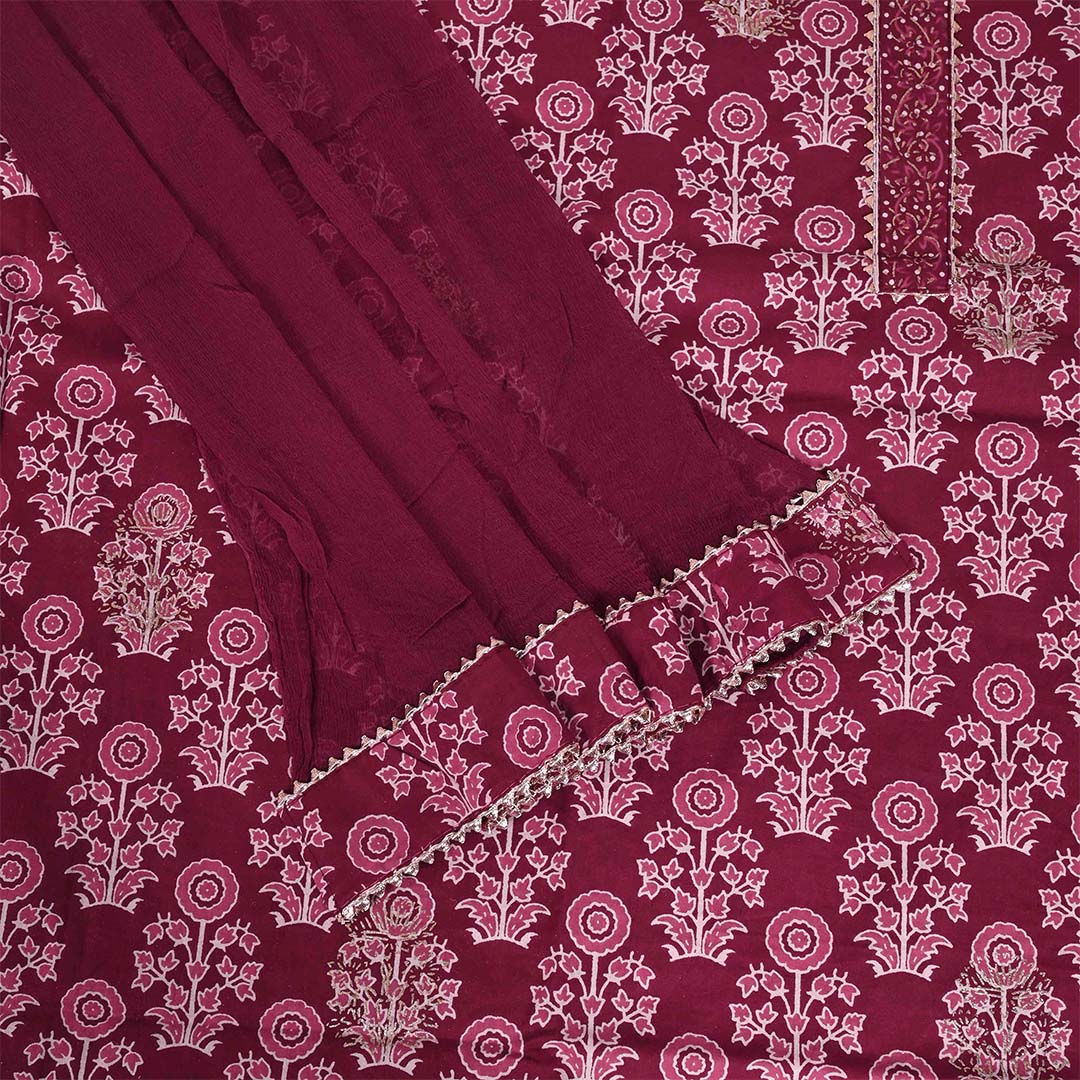 Carmine Red Cotton Unstitched Jaipuri Suit Set With Chiffon Dupatta