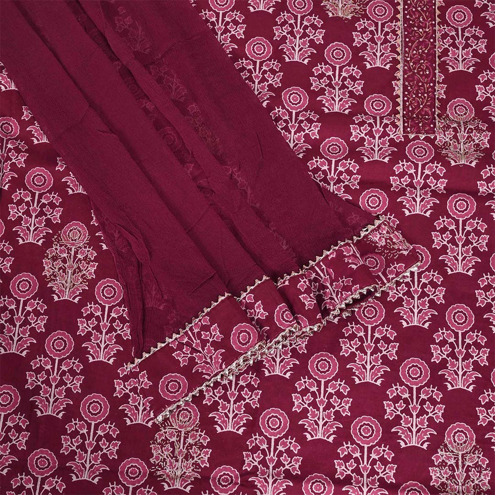 Carmine Red Cotton Unstitched Jaipuri Suit Set With Chiffon Dupatta
