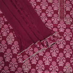 Carmine Red Cotton Unstitched Jaipuri Suit Set With Chiffon Dupatta