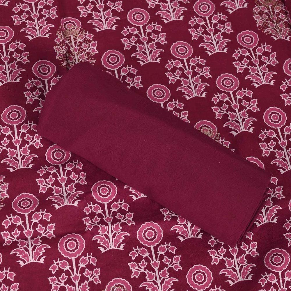 Carmine Red Cotton Unstitched Jaipuri Suit Set With Chiffon Dupatta