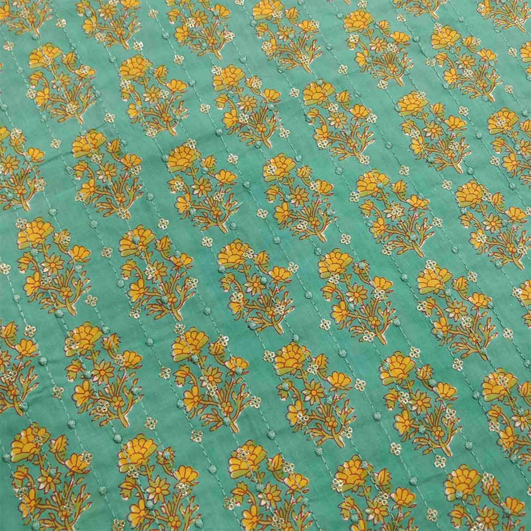 Castle Green Cotton Unstitched Jaipuri Suit Set With Chiffon Dupatta