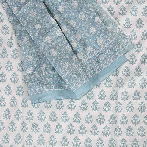 Celestial Blue Bagru Cotton Unstitched Jaipuri Suit Set With Dupatta
