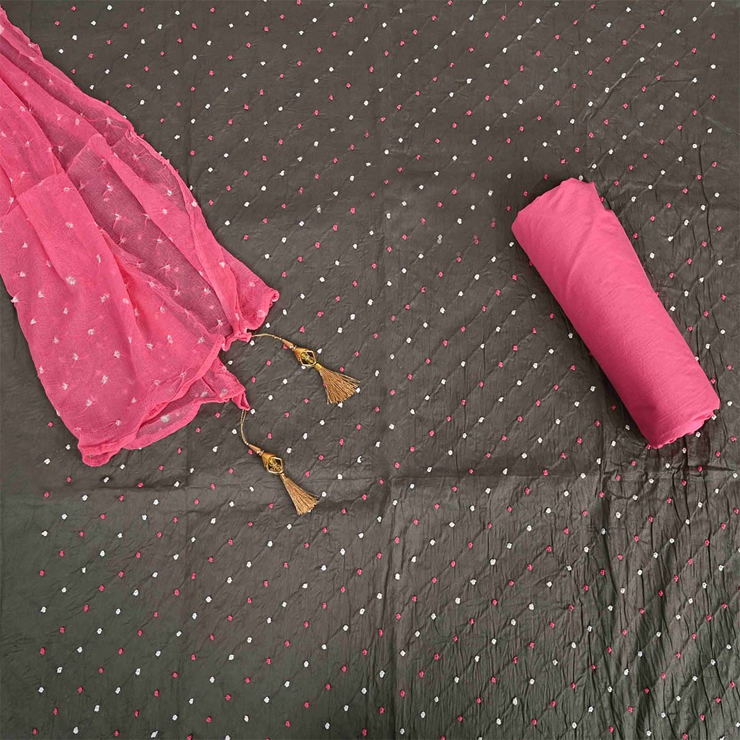 Charcoal Grey Unstitched Cotton Jaipuri Salwar Suit With Chiffon Dupatta