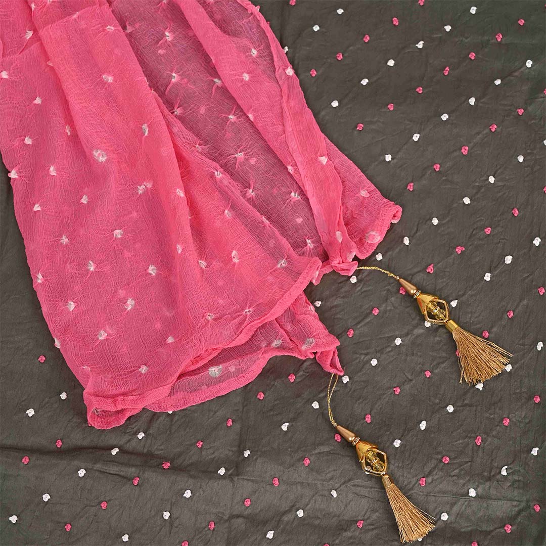 Charcoal Grey Unstitched Cotton Jaipuri Salwar Suit With Chiffon Dupatta