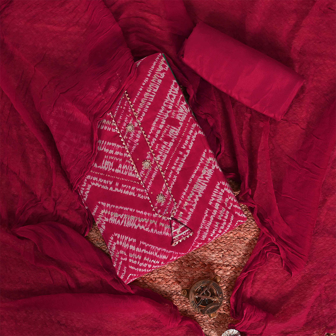Cherry Shibori Unstitched Muslin Jaipuri Salwar Suit With Chiffon Dupatta