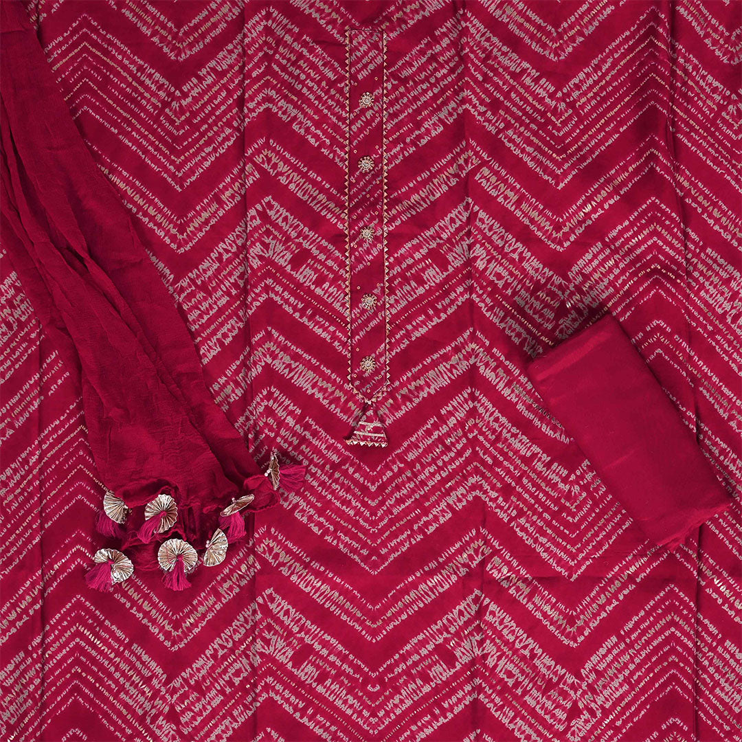 Cherry Shibori Unstitched Muslin Jaipuri Salwar Suit With Chiffon Dupatta